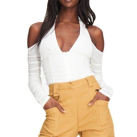 I.AM.GIA Diego Ruched Cold Shoulder Halter Mesh Top NEW White Womens L Large - Picture 1 of 10
